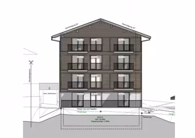 Architektonischer Entwurf einer Südfassade mit mehreren Balkonen, detaillierter Ansicht inklusive Massen- und Höheninformationen.