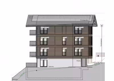 Zeichnung der Ostfassade eines mehrstöckigen Gebäudes mit Holzverkleidung und Solaranlage auf dem Dach.