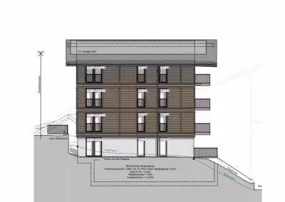 Architektonische Zeichnung der Westfassade eines vierstöckigen Gebäudes mit Balkonen, Holzverkleidung und Dachterrasse.