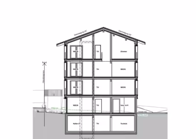 Architektonischer Gebäudeschnitt mit vier Etagen, inklusive Technik- und Lagerräumen sowie Wohnungen.