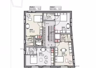 Grundriss des 1. Obergeschosses mit Studios und Balkonen, inklusive Wohnbereichen, Küchen und Badezimmern.
