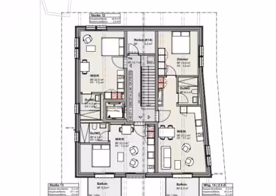 Grundriss eines Dachgeschosses mit zwei Wohnbereichen, Balkonen, Schlafzimmern und Badezimmern.